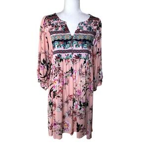 Umgee Pink Floral Boho Babydoll Dress 3/4 Sleeve Large Romantic Cottage Core